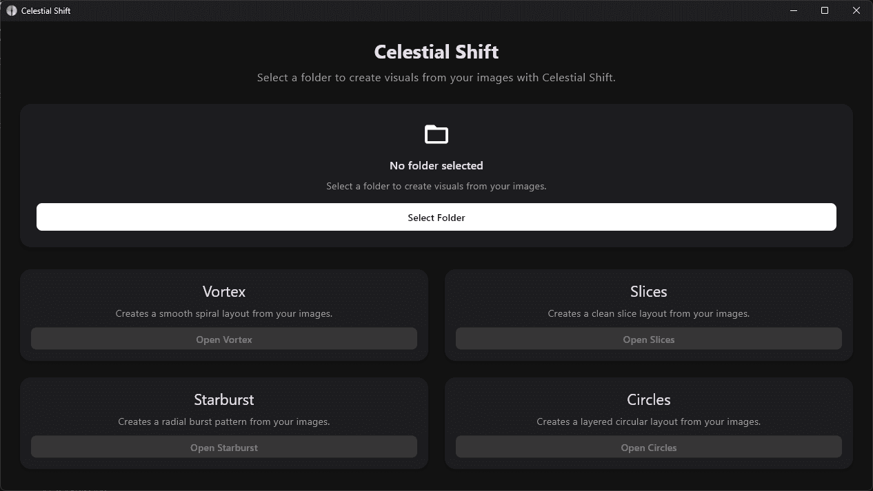 Home screen showing four generators: Vortex, Slices, Starburst and Circles
