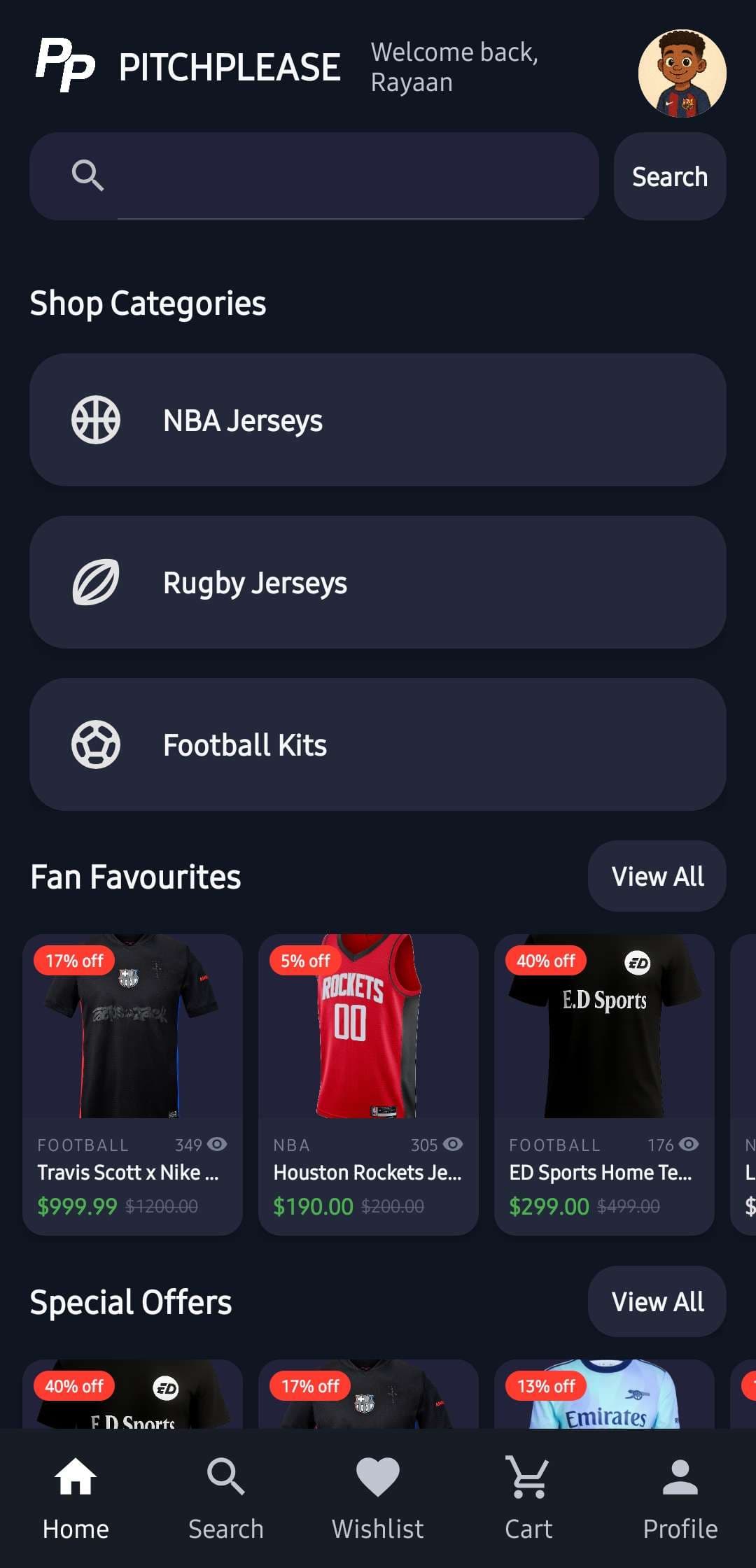 Home screen with category browsing, fan favourites and special offers