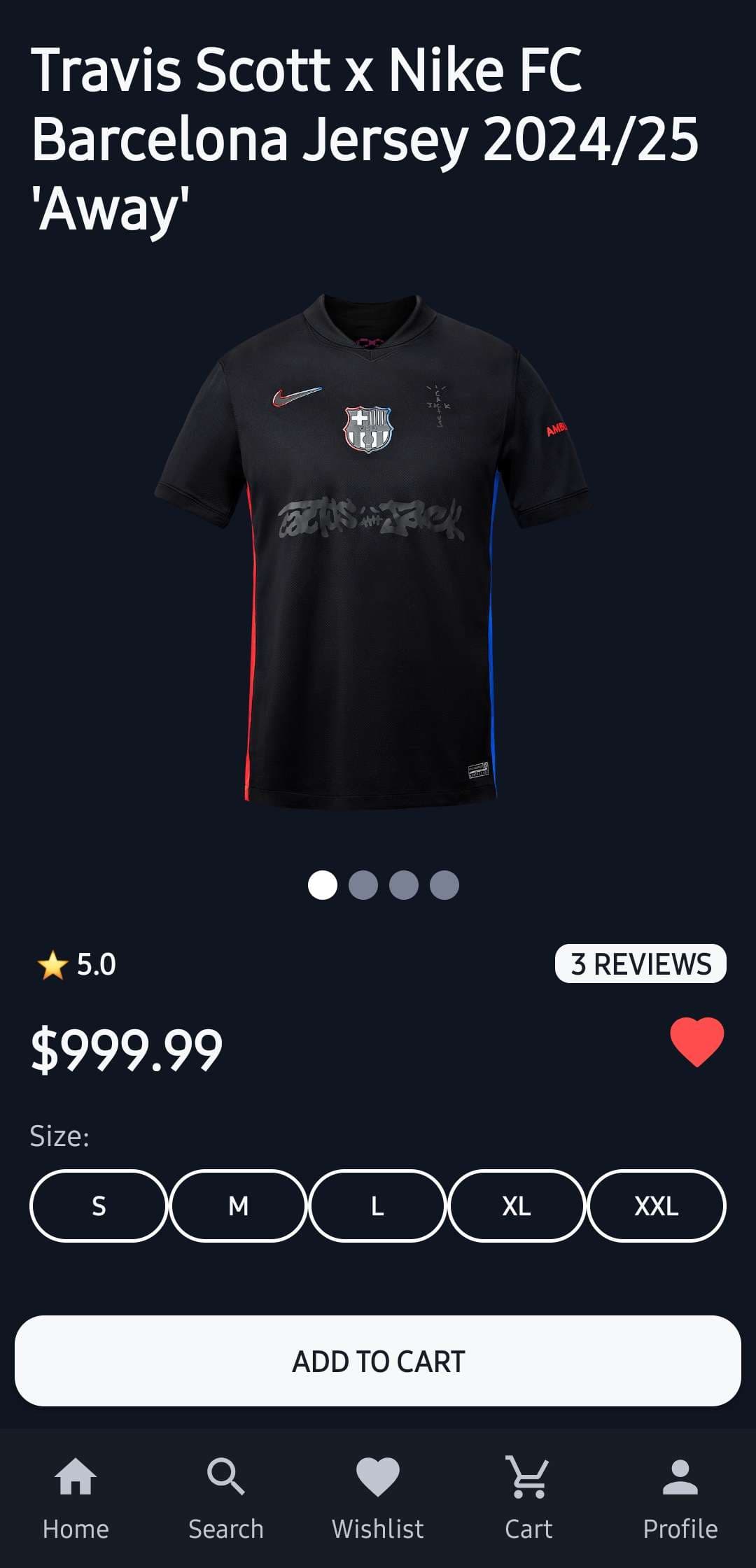 Product detail with image carousel, star rating and size selector