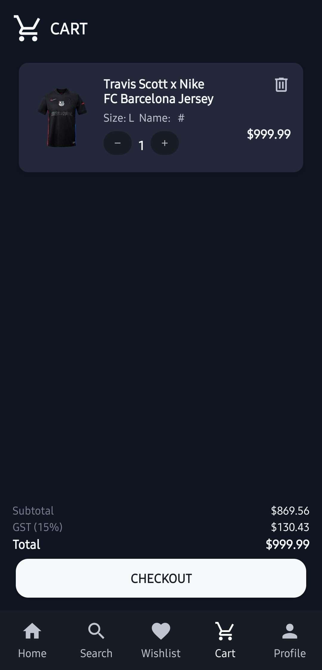 Cart with quantity controls, GST breakdown and checkout