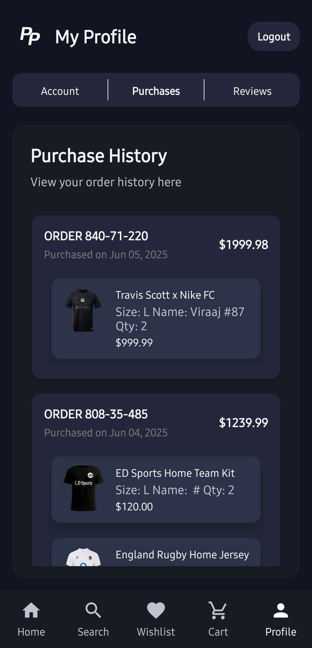 Profile with purchase history and order tracking