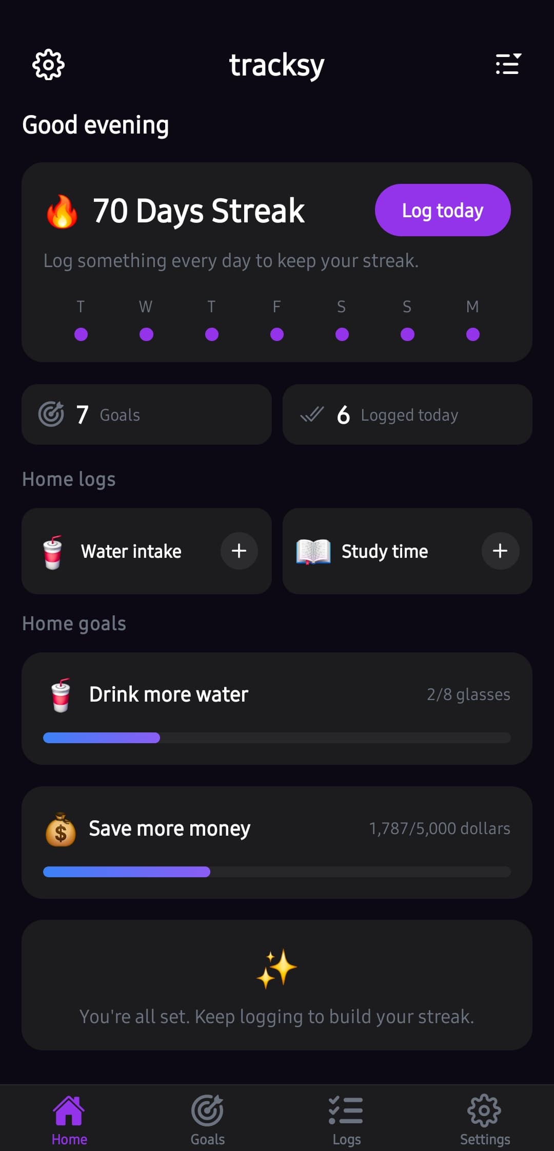 Home screen with streak counter, daily logs and goals