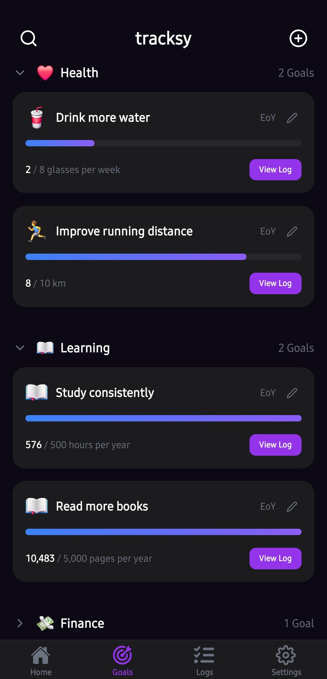 Goals view grouped by category with live progress bars