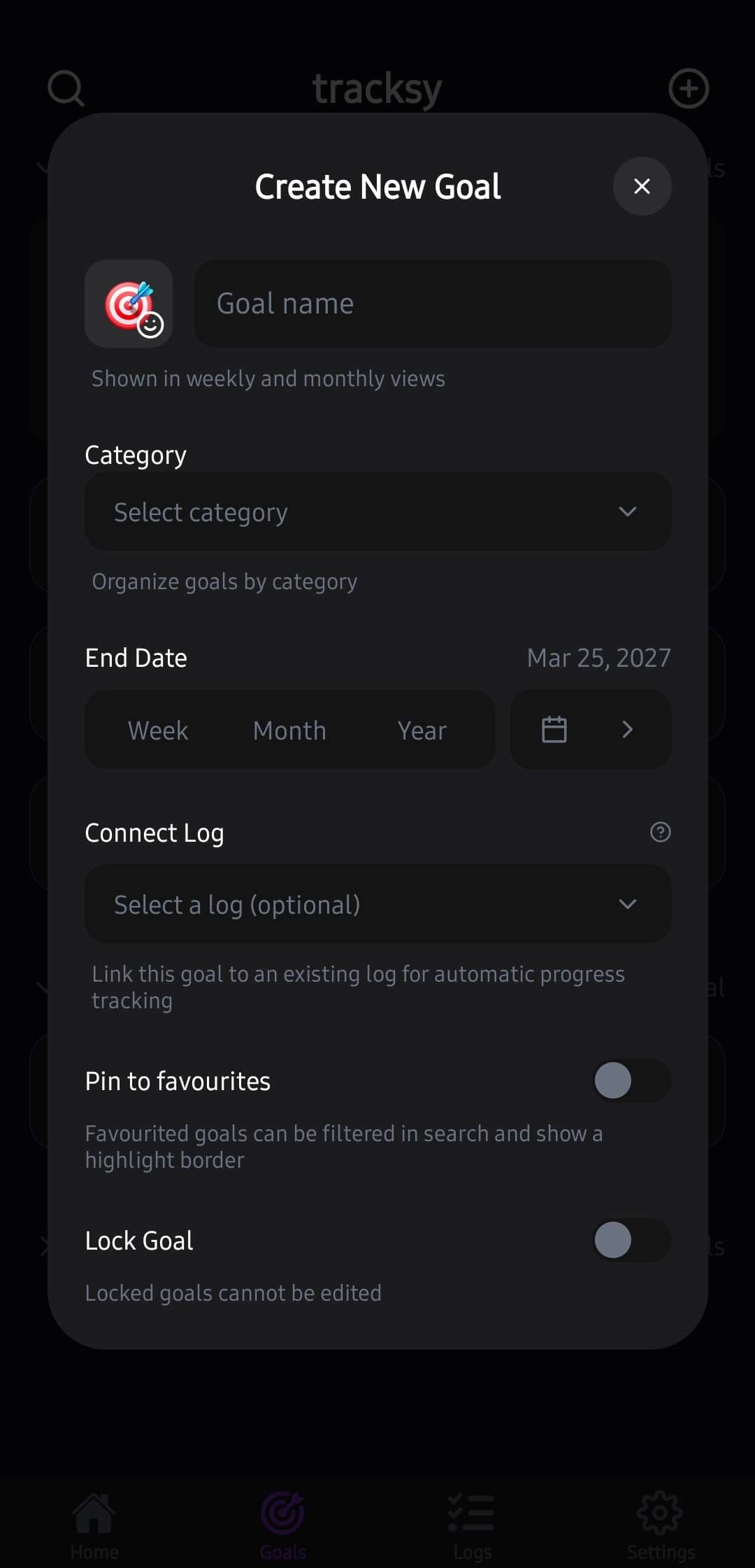 Create New Goal with category, end date and log linking
