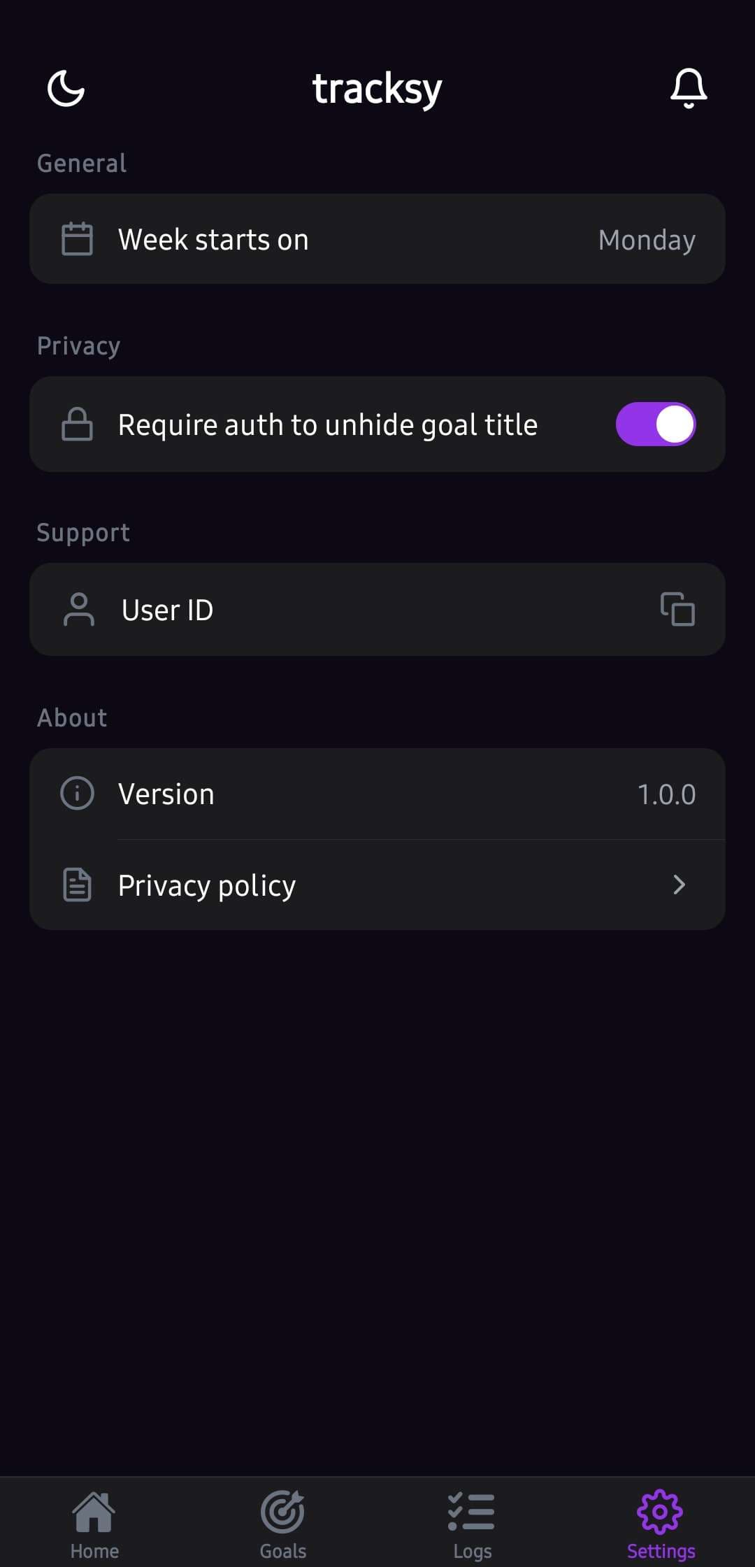 Settings with general preferences and privacy controls